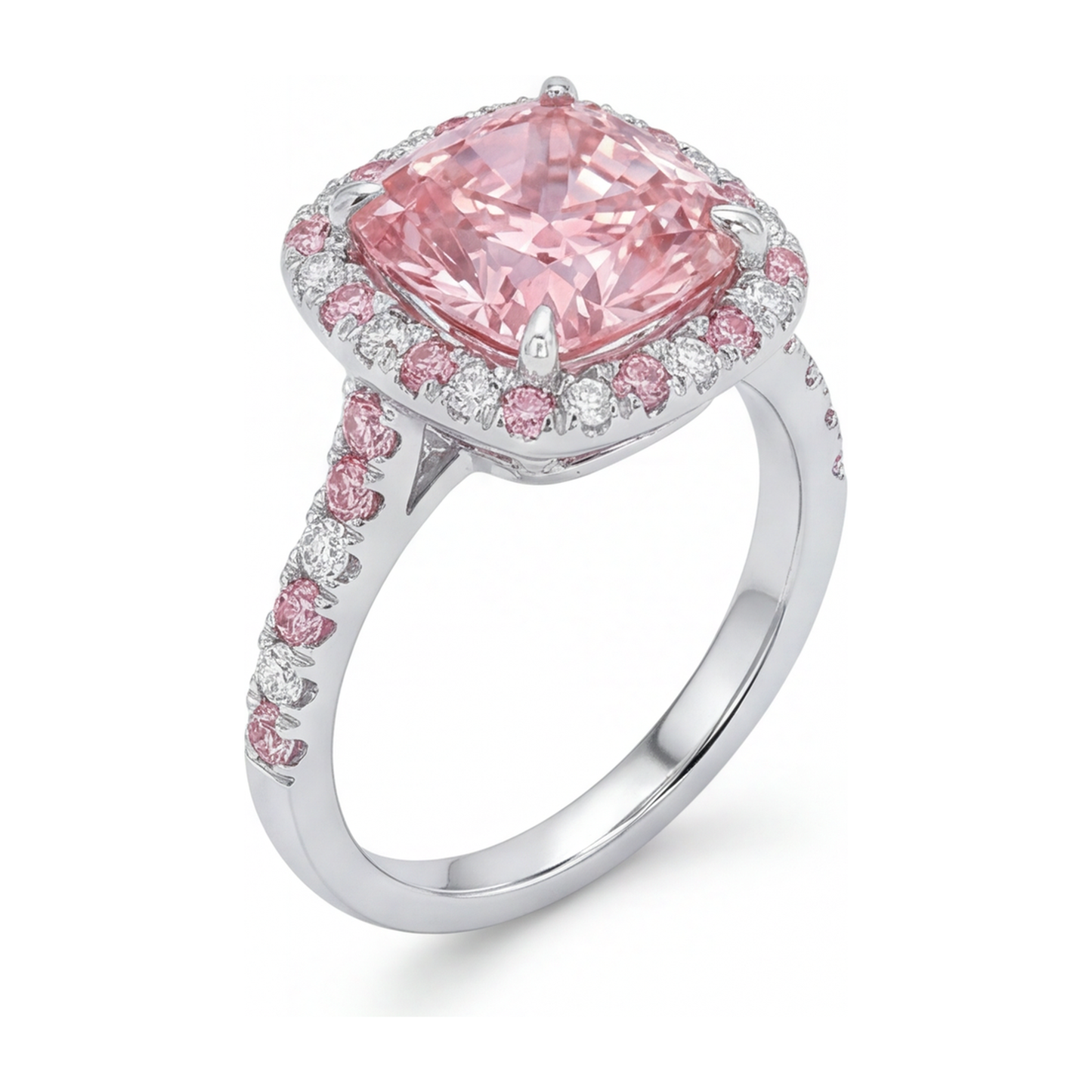 Im Labor gezüchteter rosa Diamant, 3,75 Karat, Halo-Ring im Kissenschliff, 14 Karat Weißgold