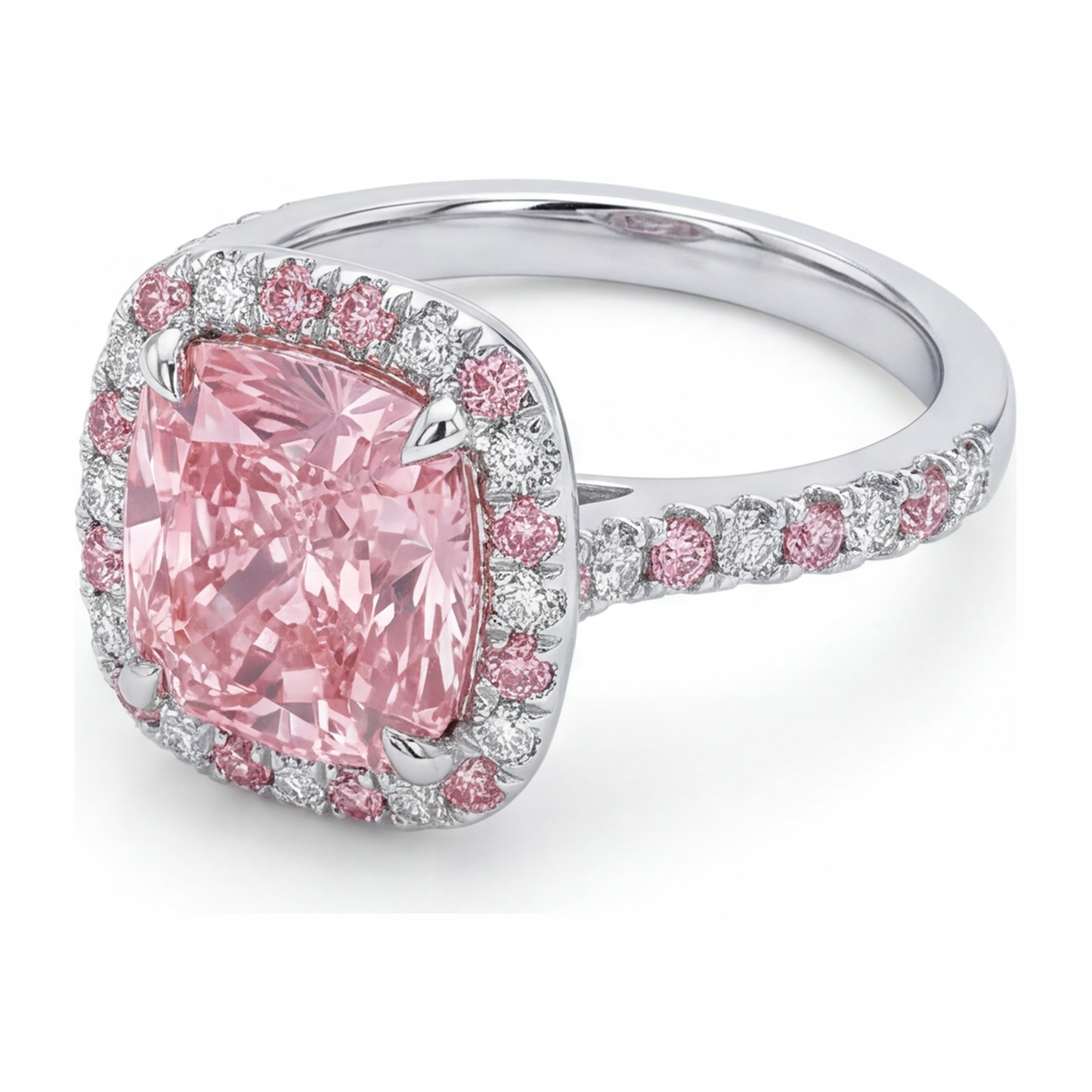 Im Labor gezüchteter rosa Diamant, 3,75 Karat, Halo-Ring im Kissenschliff, 14 Karat Weißgold