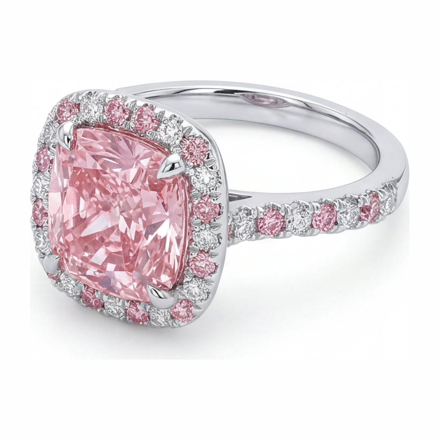 Im Labor gezüchteter rosa Diamant, 3,75 Karat, Halo-Ring im Kissenschliff, 14 Karat Weißgold