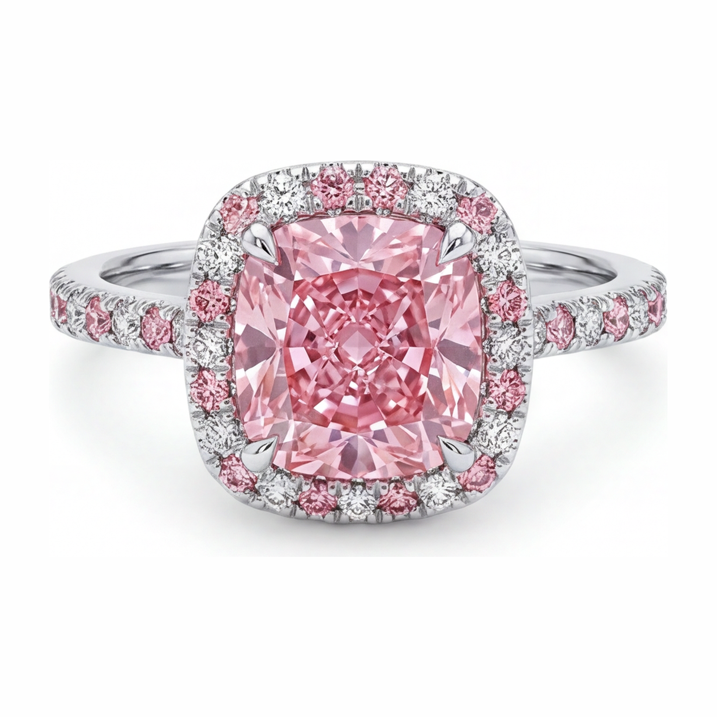 Im Labor gezüchteter rosa Diamant, 3,75 Karat, Halo-Ring im Kissenschliff, 14 Karat Weißgold