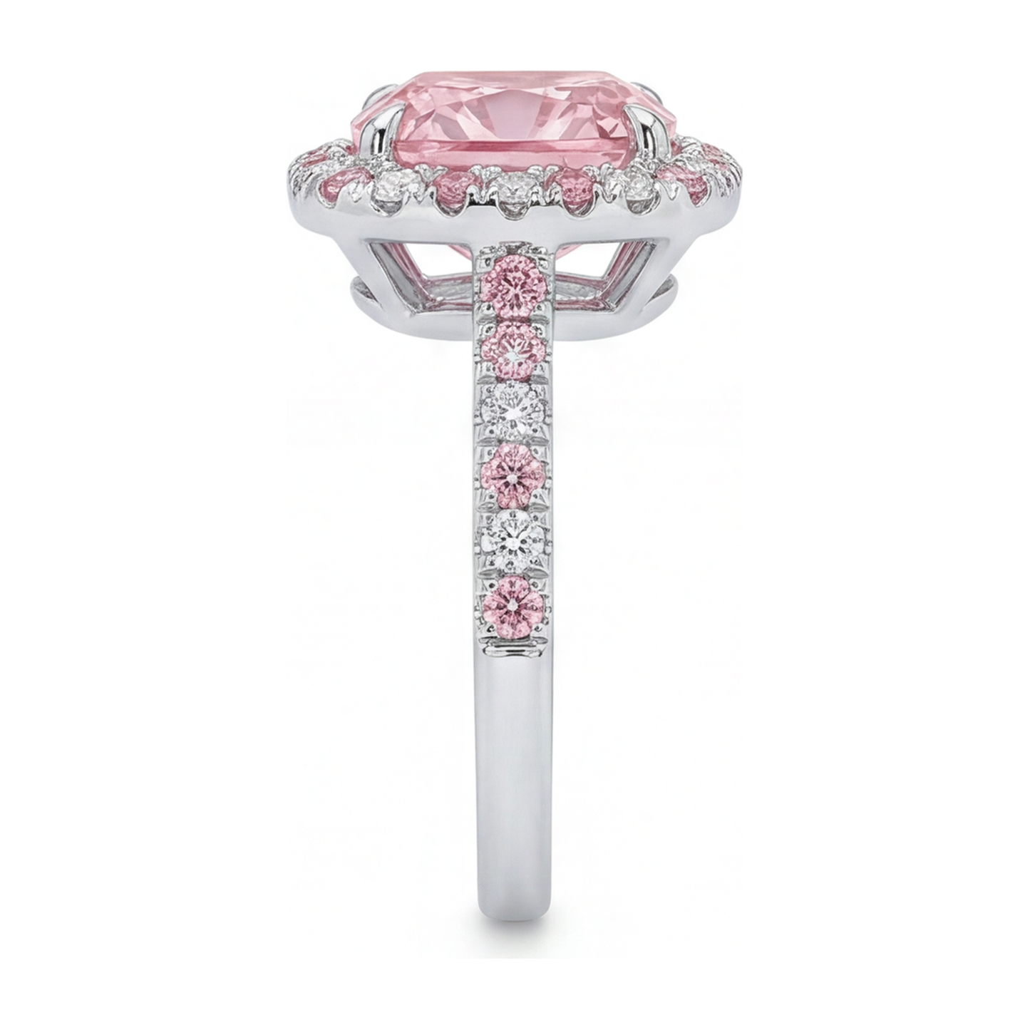 Im Labor gezüchteter rosa Diamant, 3,75 Karat, Halo-Ring im Kissenschliff, 14 Karat Weißgold