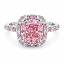 Im Labor gezüchteter rosa Diamant, 3,75 Karat, Halo-Ring im Kissenschliff, 14 Karat Weißgold