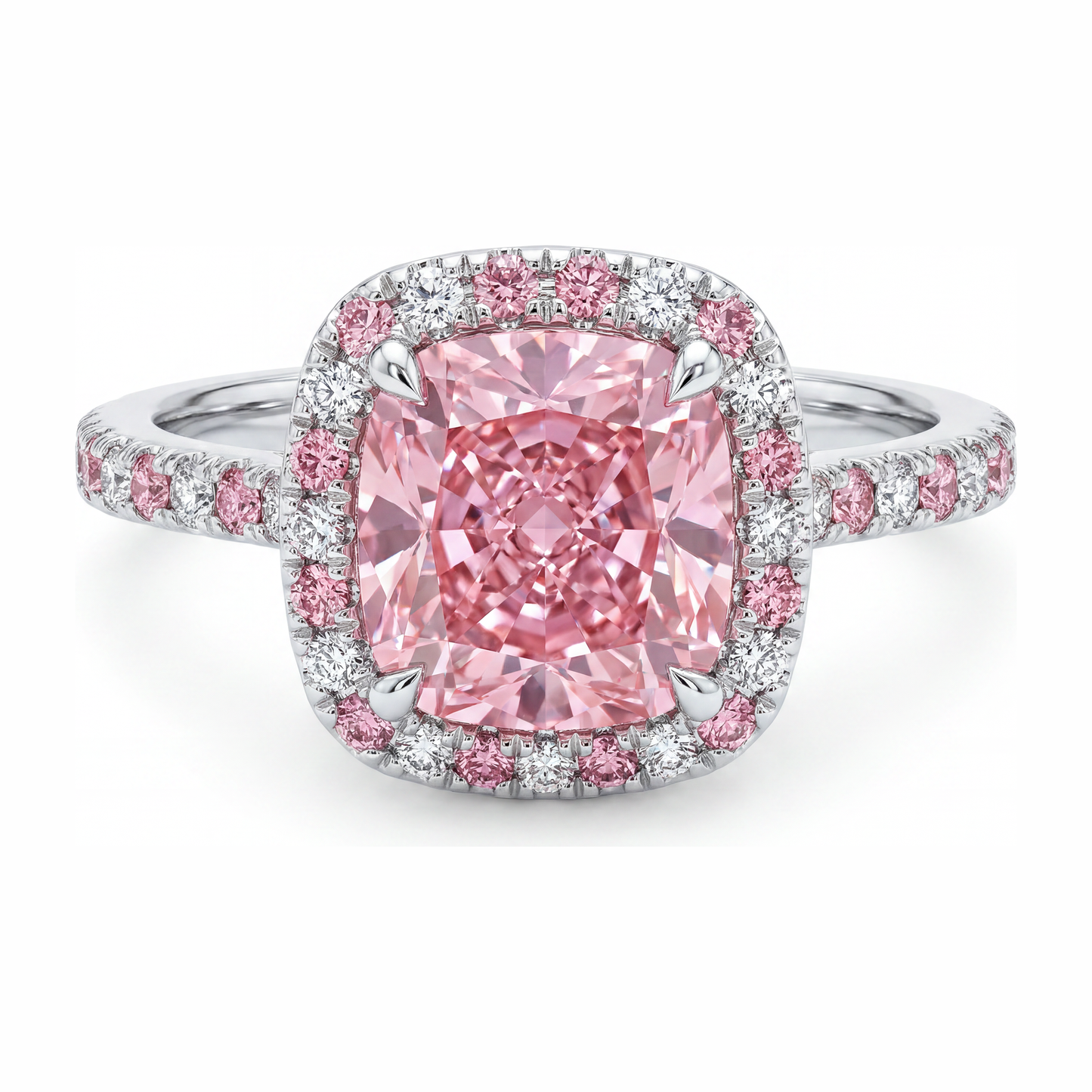 Im Labor gezüchteter rosa Diamant, 3,75 Karat, Halo-Ring im Kissenschliff, 14 Karat Weißgold