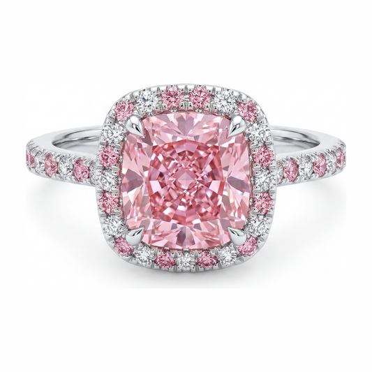 Im Labor gezüchteter rosa Diamant, 3,75 Karat, Halo-Ring im Kissenschliff, 14 Karat Weißgold