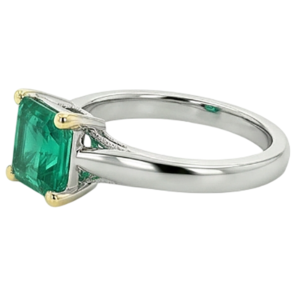 Erdgewonnener Kolumbianischer Smaragd Farbstein-Ring 3 Karat Zweifarbiges 14K Gold – Profilansicht