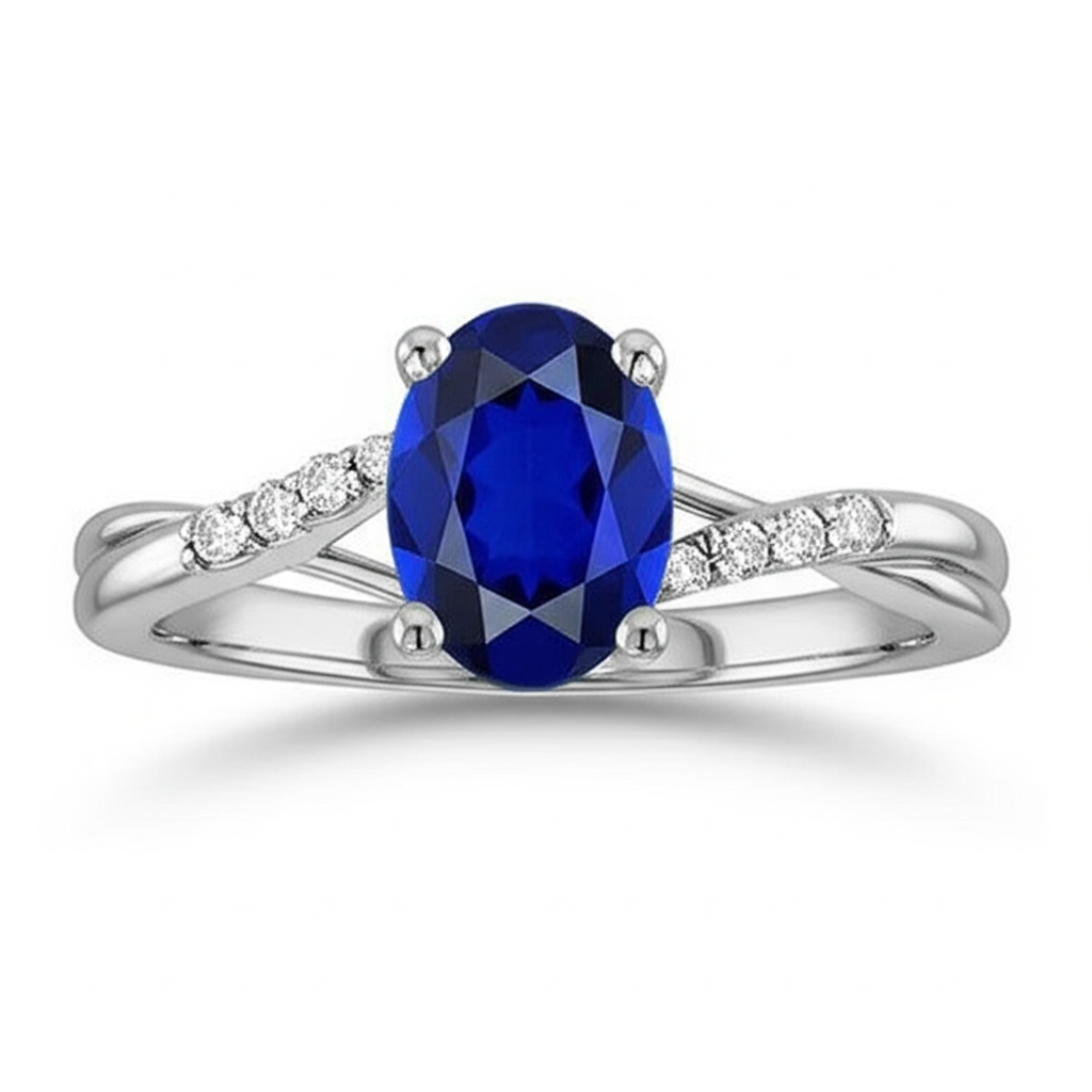 3 Karat Sri Lanka Blauer Saphir Diamant Ehering Weißgold 14K