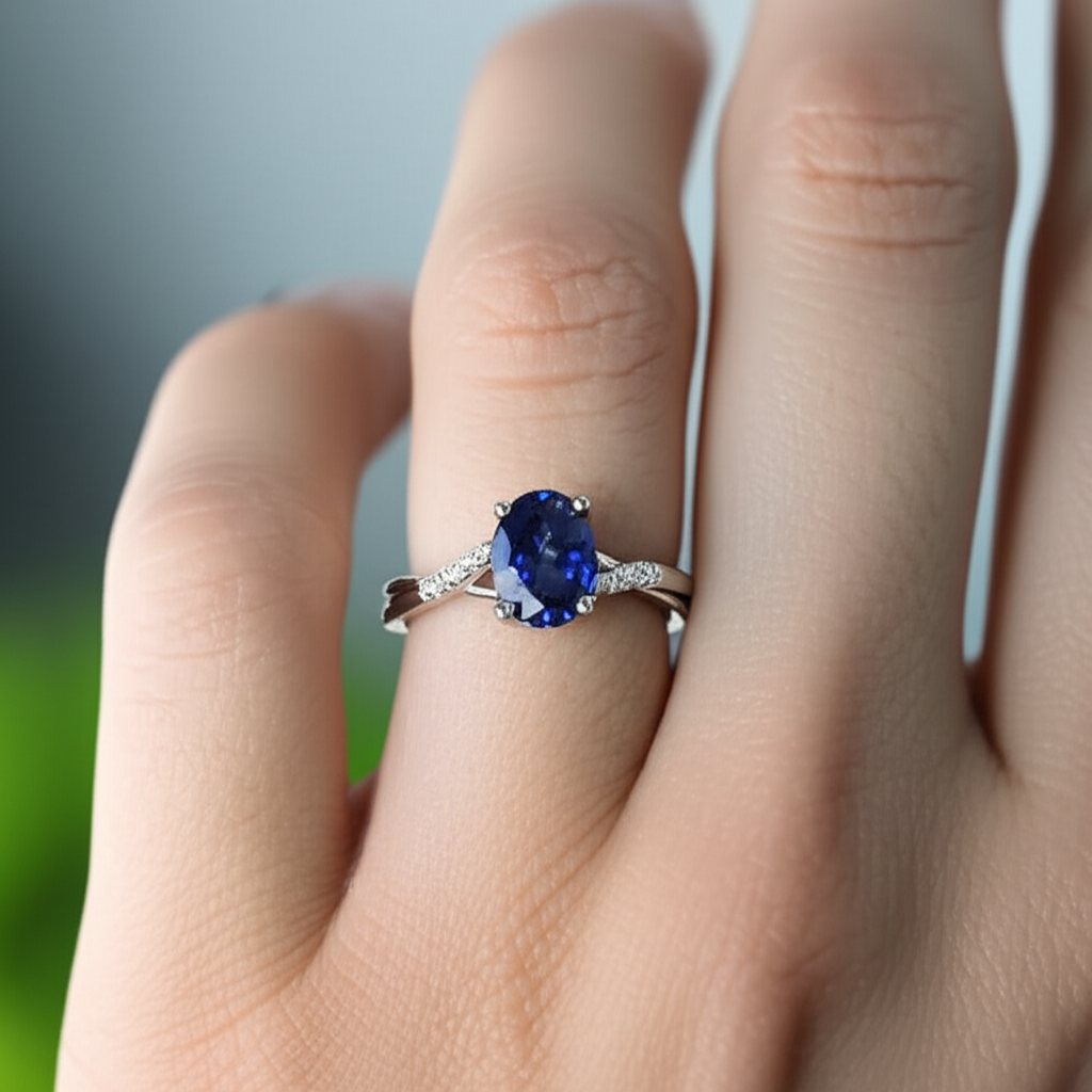 3 Karat Sri Lanka Blauer Saphir Diamant Ehering Weißgold 14K