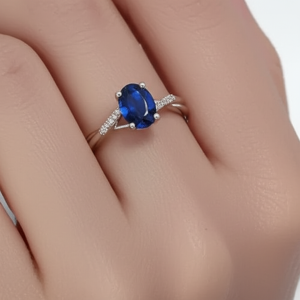 3 Karat Sri Lanka Blauer Saphir Diamant Ehering Weißgold 14K