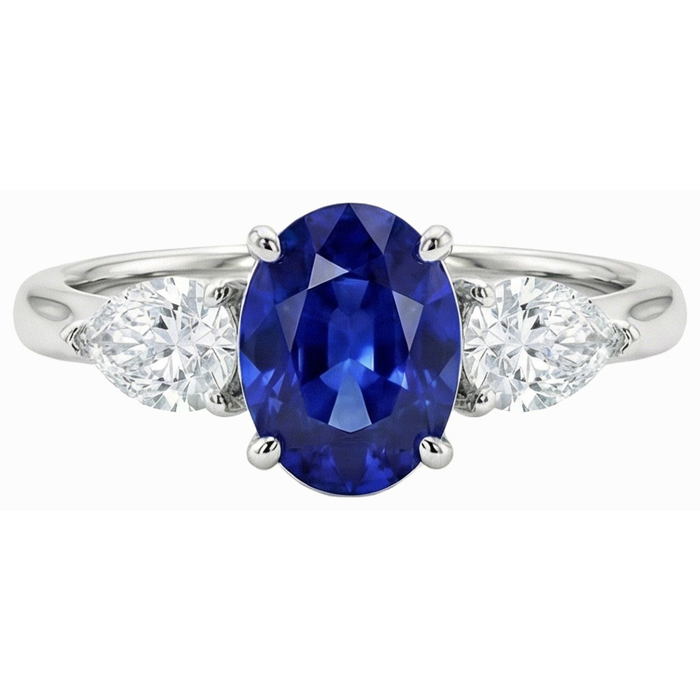 3 Karat drei Steine Oval tiefblauer Saphir & Birnendiamanten