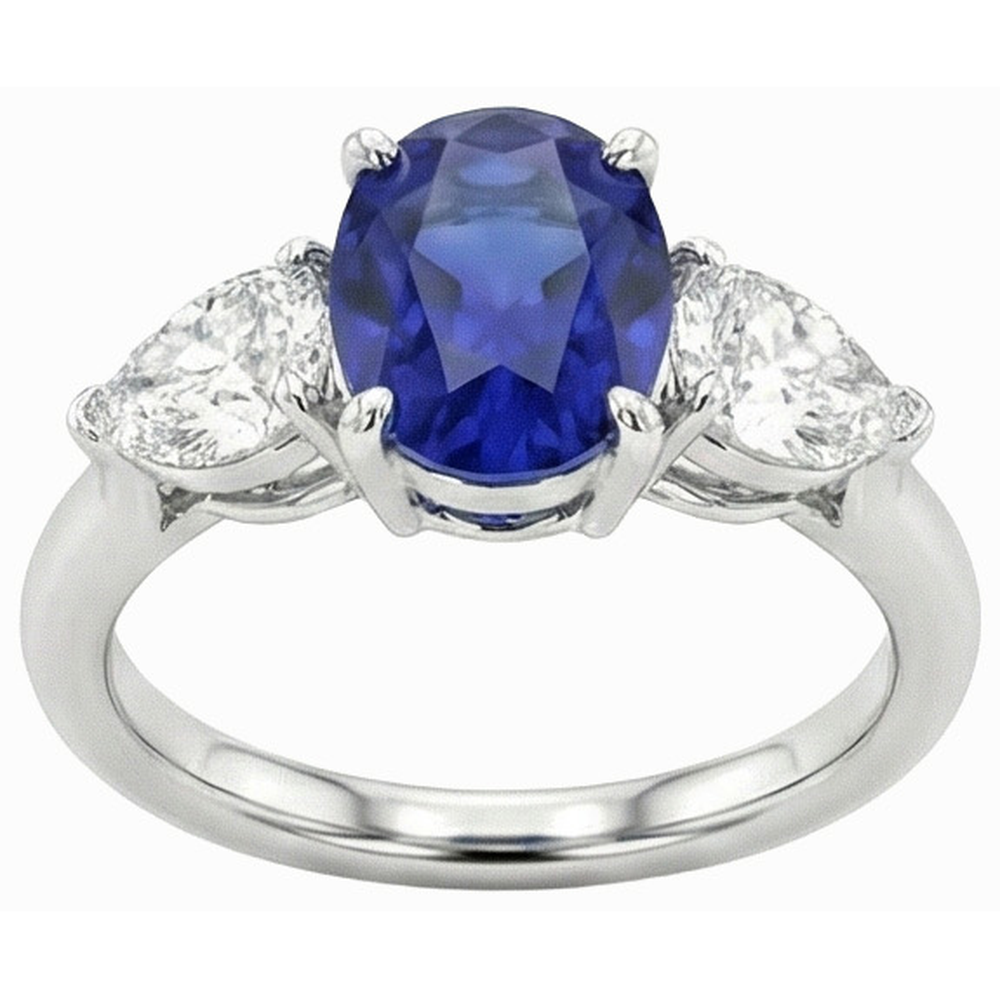 3 Karat drei Steine Oval tiefblauer Saphir & Birnendiamanten