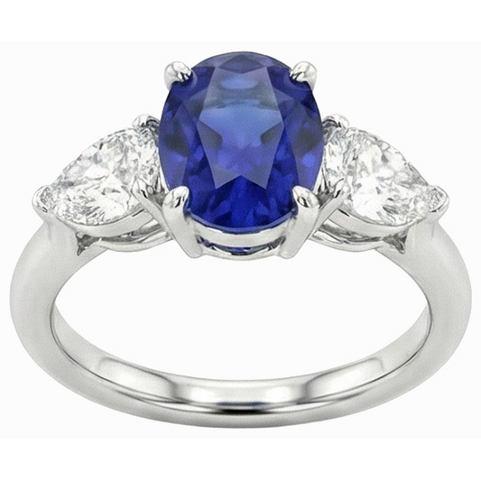3 Karat drei Steine Oval tiefblauer Saphir & Birnendiamanten