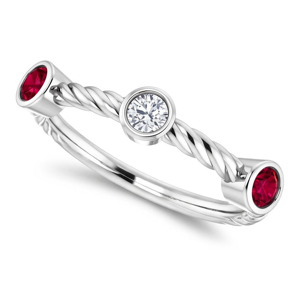 3 Stein Diamant Rubin Ring 0.90 Karat Seil Twisted Schmuck Neu