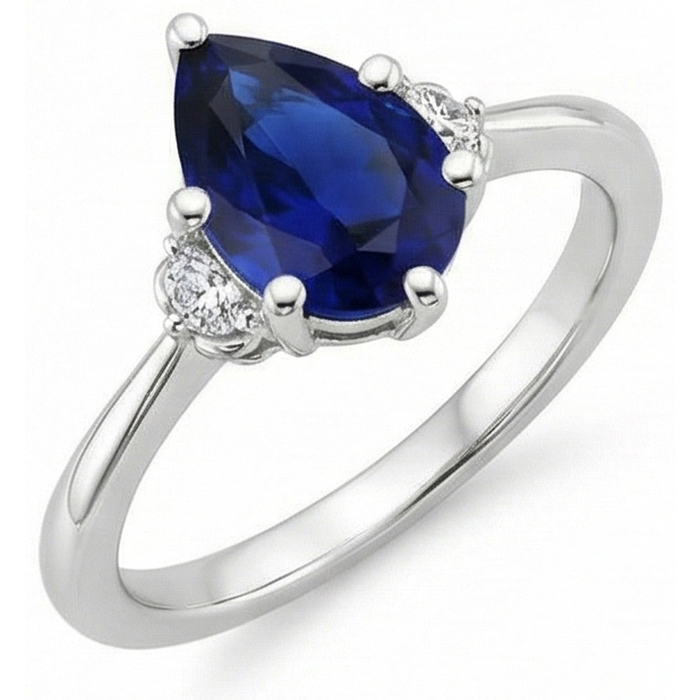 3 Stein Diamant & blauer Saphir Ring 6,75 Karat Konischer Schaft Gold