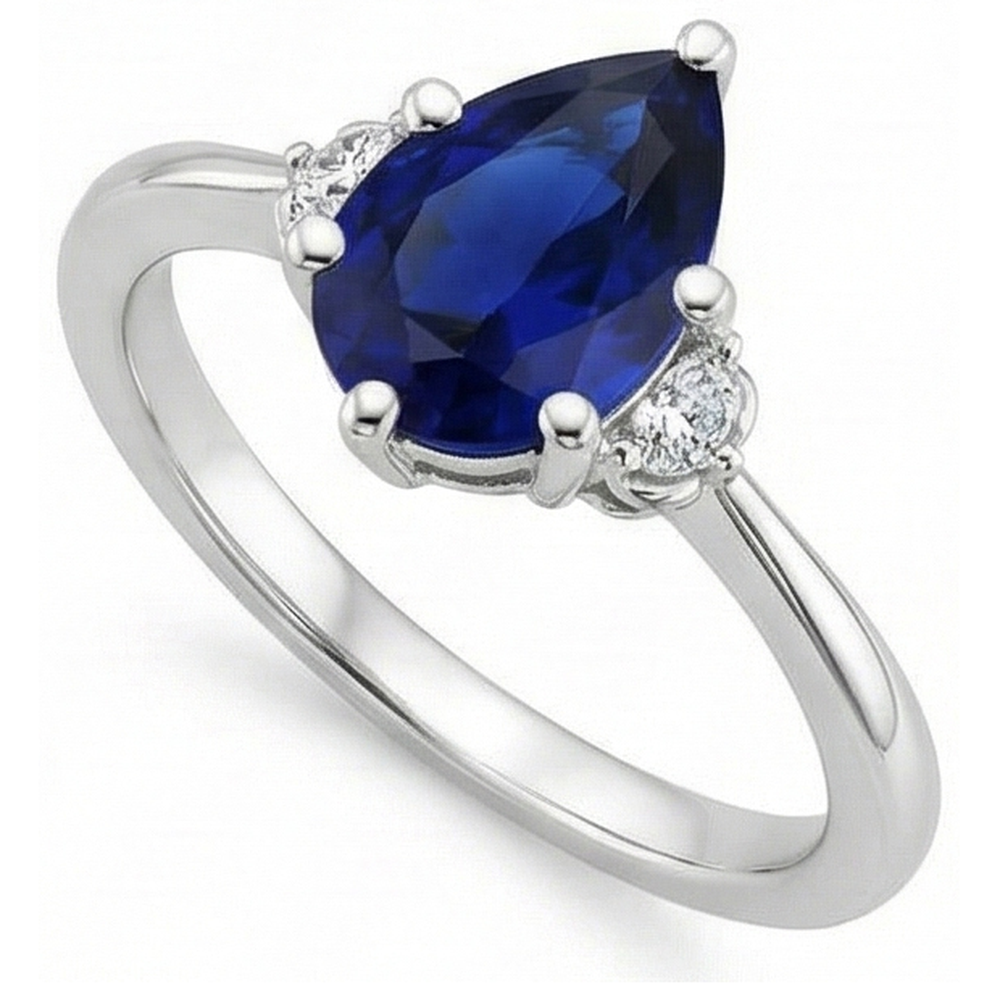 3 Stein Diamant & blauer Saphir Ring 6,75 Karat Konischer Schaft Gold