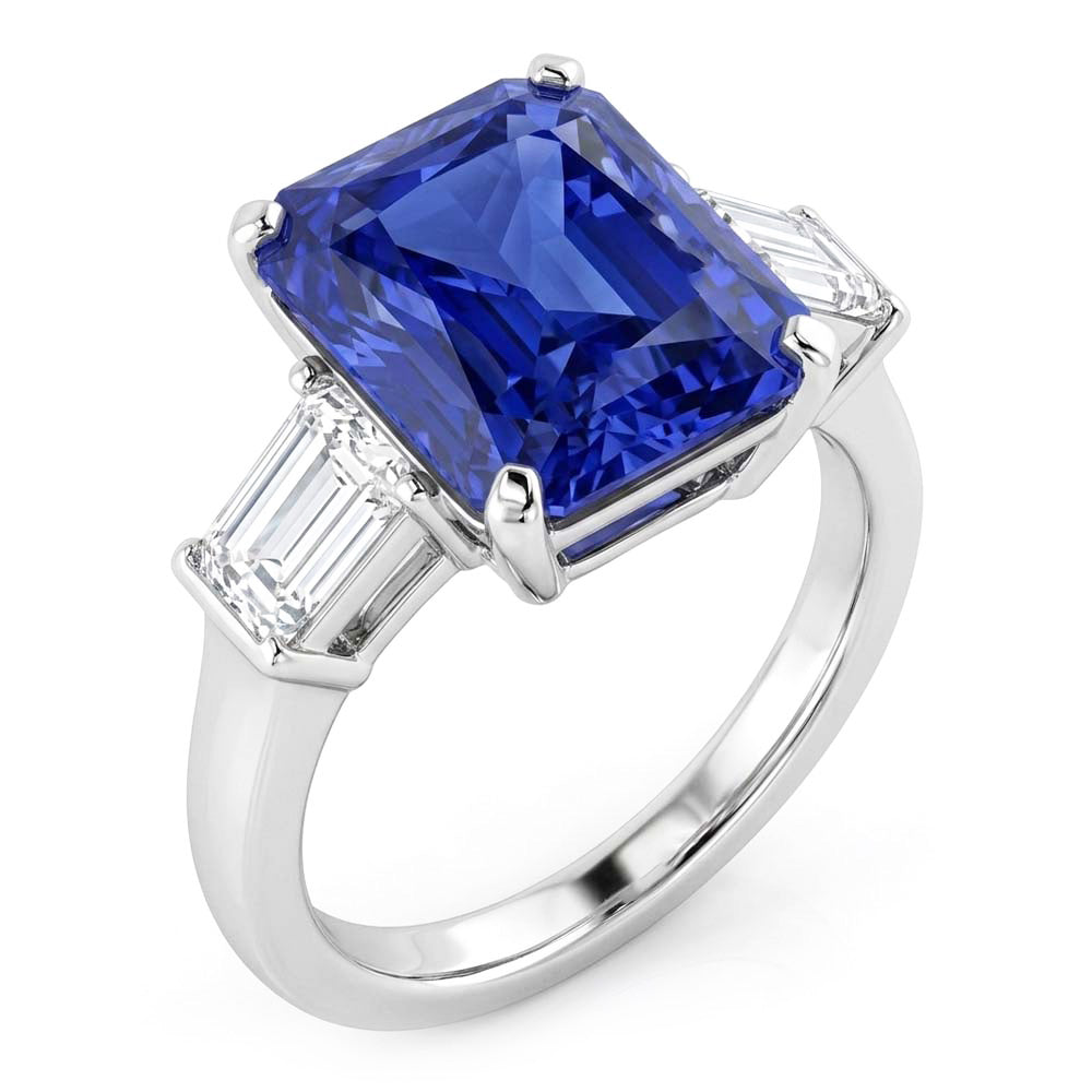 3 Stein Ring Strahlender Saphir & Baguette Natürlicher Diamant ( nicht im Labor gezüchtet )en 4 Karat Weißgold