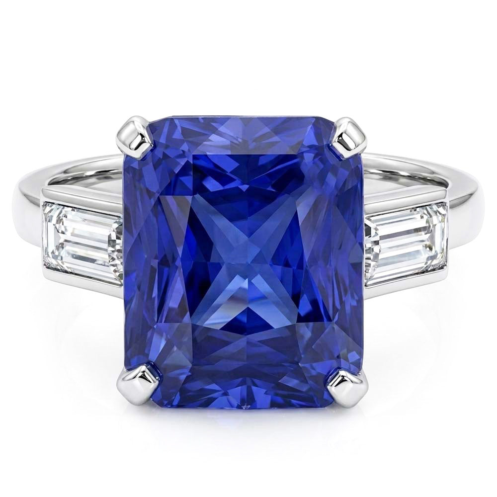 3 Stein Ring Strahlender Saphir & Baguette Natürlicher Diamant ( nicht im Labor gezüchtet )en 4 Karat Weißgold