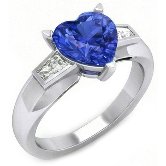 3 Steine Baguette Natürlicher Diamant ( nicht im Labor gezüchtet ) & Blauer Saphir Herzförmiger Ring 2,75 Karat