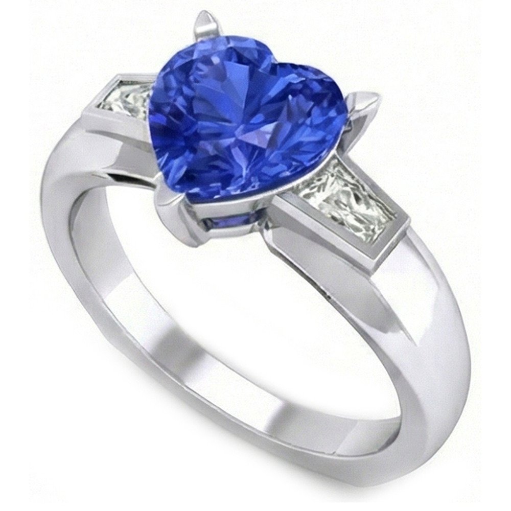 3 Steine Baguette Natürlicher Diamant ( nicht im Labor gezüchtet ) & Blauer Saphir Herzförmiger Ring 2,75 Karat