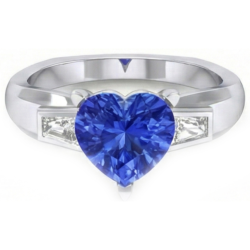 3 Steine Baguette Natürlicher Diamant ( nicht im Labor gezüchtet ) & Blauer Saphir Herzförmiger Ring 2,75 Karat