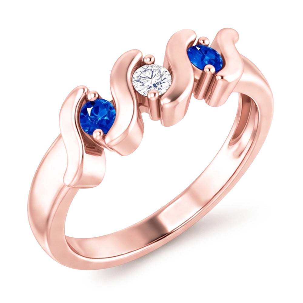 3 Steine Ring Diamant Blauer Saphir 0.90 Karat Roségold 14K
