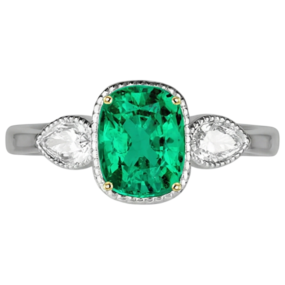 Cushion Edler Smaragd Ring in 14 Karat Zweifarbig Gold – Frontansicht