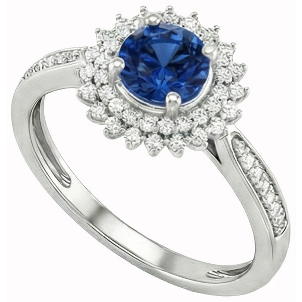 3.10 Kt Runder Ceylon Blauer Saphir & Diamanten Ring WG 14K