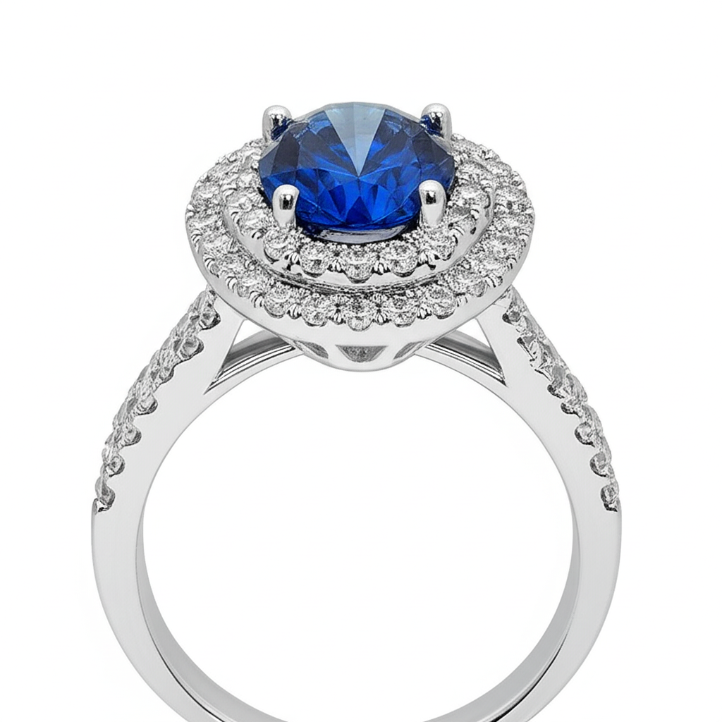 3,40 Kt Ovaler Ceylon Saphir mit runden Diamanten Ring Weißgold