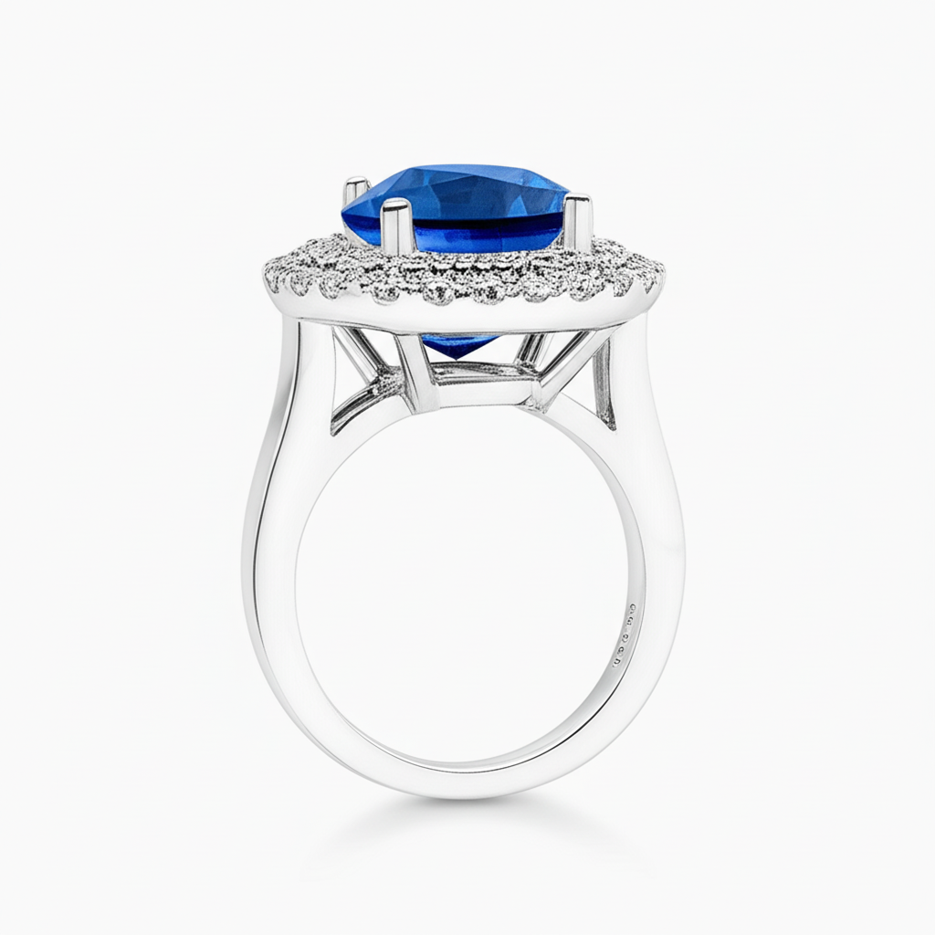 3,40 Kt Ovaler Ceylon Saphir mit runden Diamanten Ring Weißgold