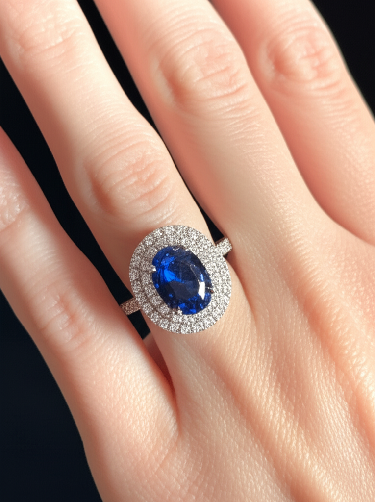 3,40 Kt Ovaler Ceylon Saphir mit runden Diamanten Ring Weißgold