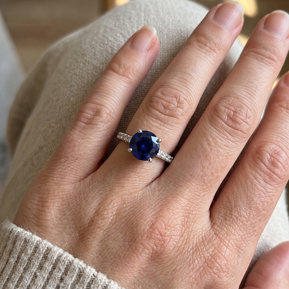 3,50 Karat Blauer Saphir Solitär & Runde Natürlicher Diamant ( nicht im Labor gezüchtet )akzente 4 Zinken