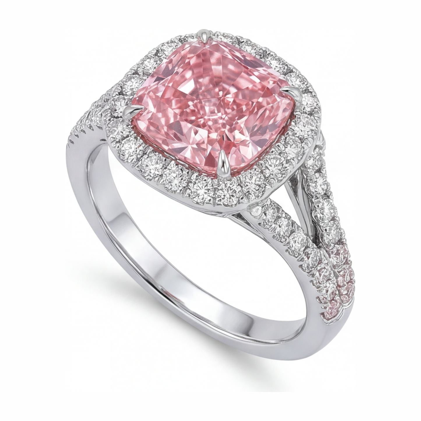 Im Labor gezüchteter rosa Diamantring 4,5 Karat Kissenschliff Halo 14 Karat Weißgold