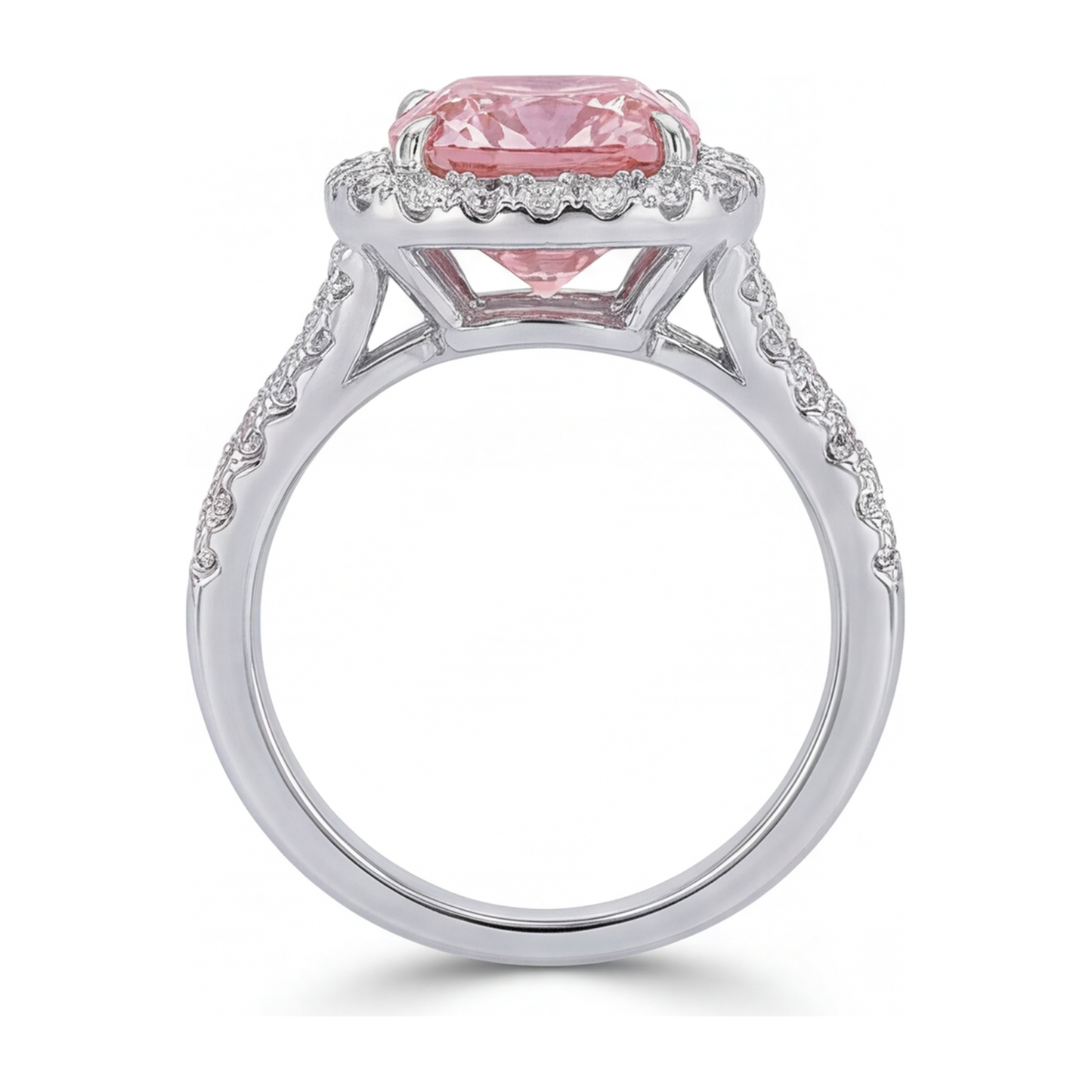 Im Labor gezüchteter rosa Diamantring 4,5 Karat Kissenschliff Halo 14 Karat Weißgold