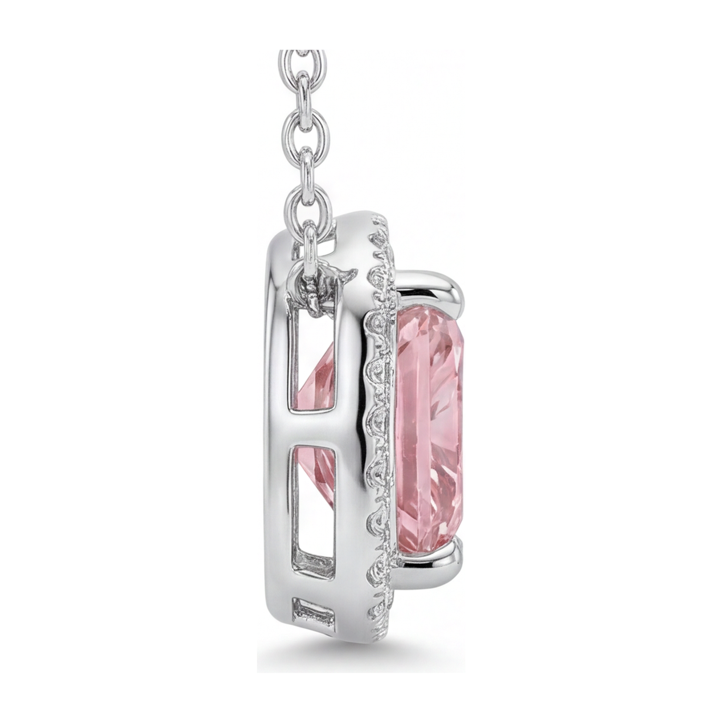 Rosa Diamant Halskette, 4,5 Karat, im Labor gezüchtet, Radiantschliff, Halo, Pavé, Kathedralen-Anhänger, 14 Karat Weißgold