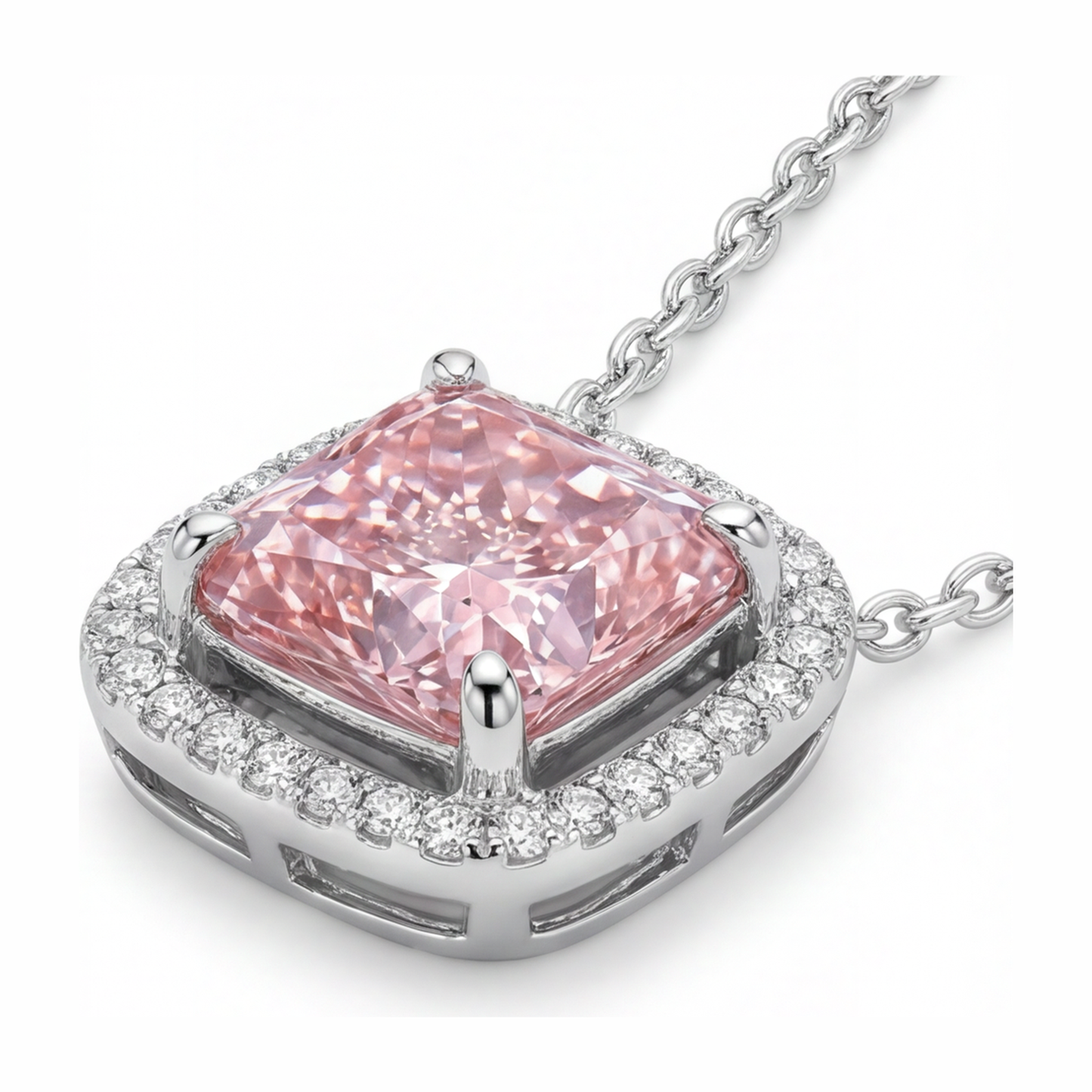Rosa Diamant Halskette, 4,5 Karat, im Labor gezüchtet, Radiantschliff, Halo, Pavé, Kathedralen-Anhänger, 14 Karat Weißgold