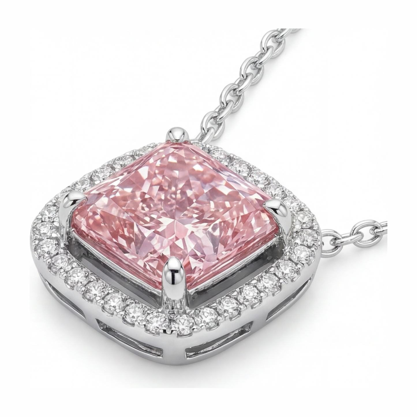Rosa Diamant Halskette, 4,5 Karat, im Labor gezüchtet, Radiantschliff, Halo, Pavé, Kathedralen-Anhänger, 14 Karat Weißgold