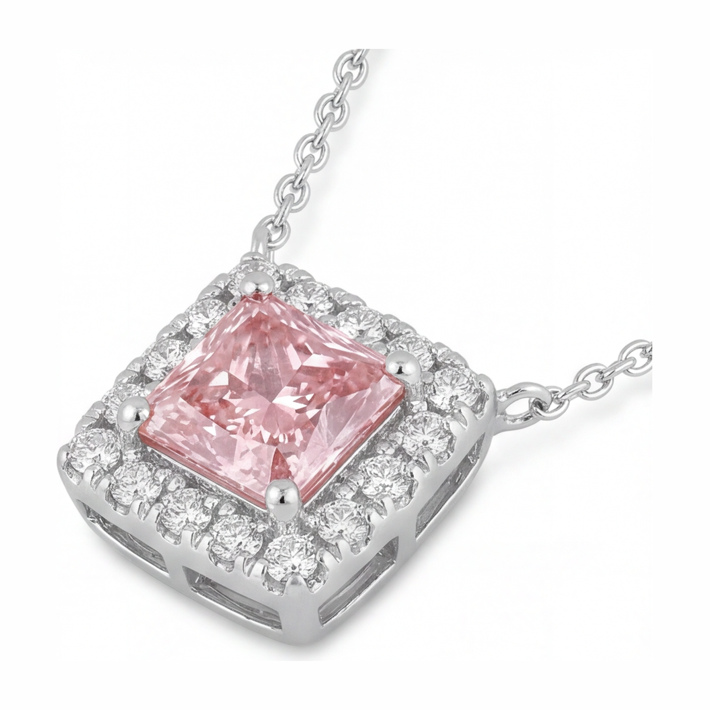 Halskette mit rosa Diamant, 4,5 Karat, im Labor gezüchtet, Radiant Halo Pavé Anhänger, 14 Karat Weißgold