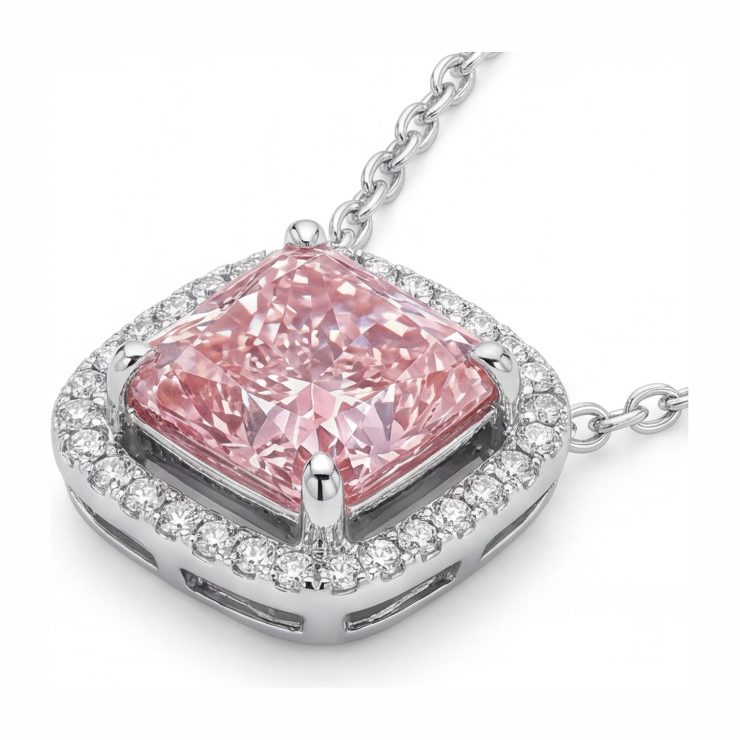 Rosa Diamant Halskette, 4,5 Karat, im Labor gezüchtet, Radiantschliff, Halo, Pavé, Kathedralen-Anhänger, 14 Karat Weißgold