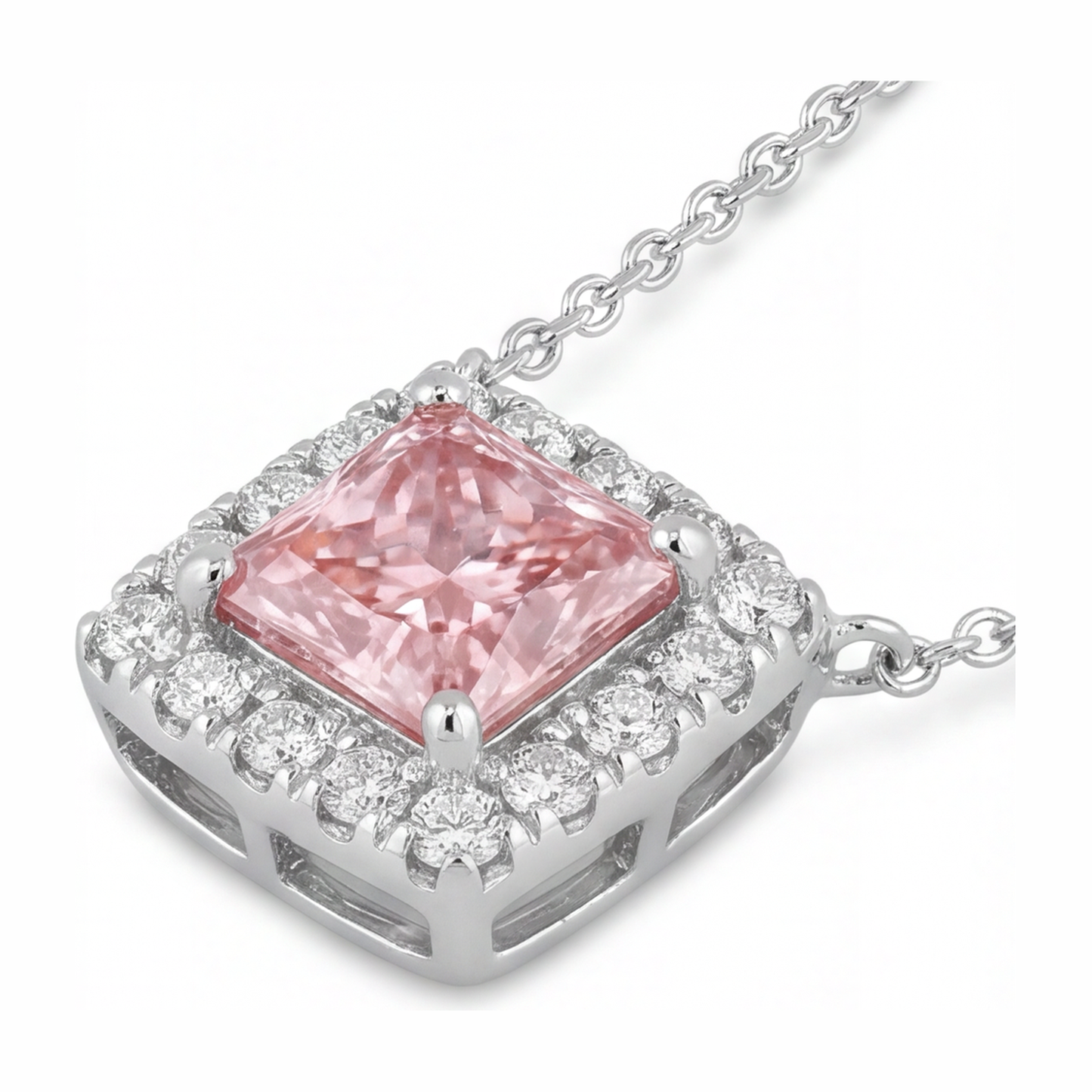 Halskette mit rosa Diamant, 4,5 Karat, im Labor gezüchtet, Radiant Halo Pavé Anhänger, 14 Karat Weißgold