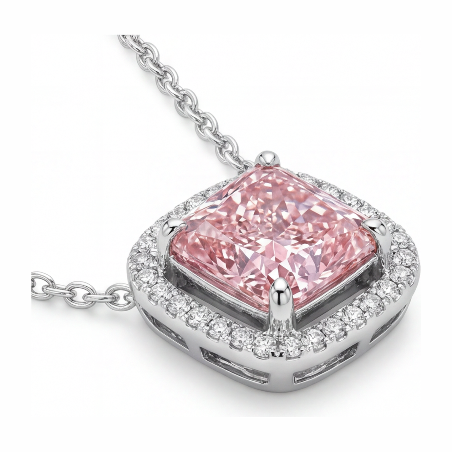Rosa Diamant Halskette, 4,5 Karat, im Labor gezüchtet, Radiantschliff, Halo, Pavé, Kathedralen-Anhänger, 14 Karat Weißgold