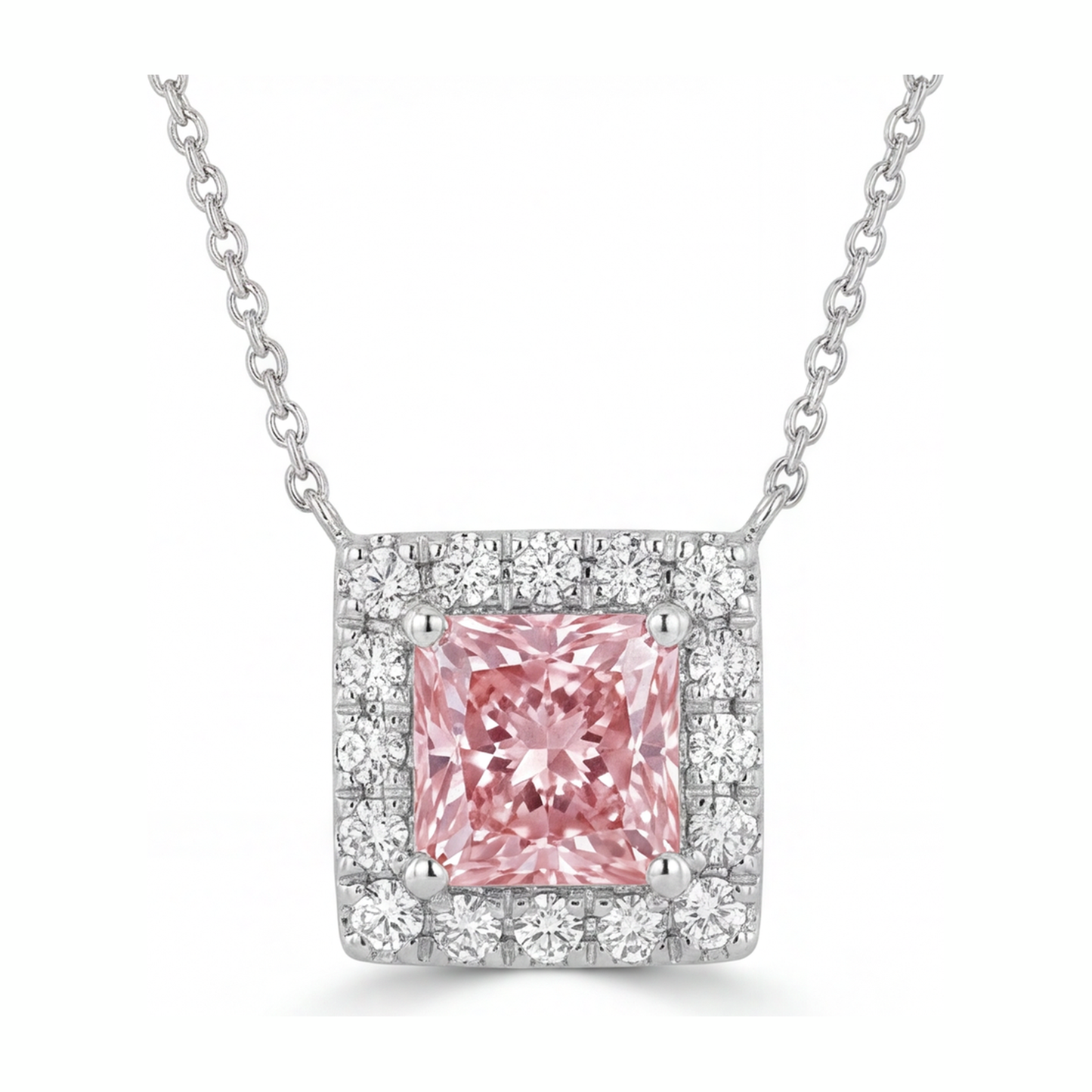 Halskette mit rosa Diamant, 4,5 Karat, im Labor gezüchtet, Radiant Halo Pavé Anhänger, 14 Karat Weißgold