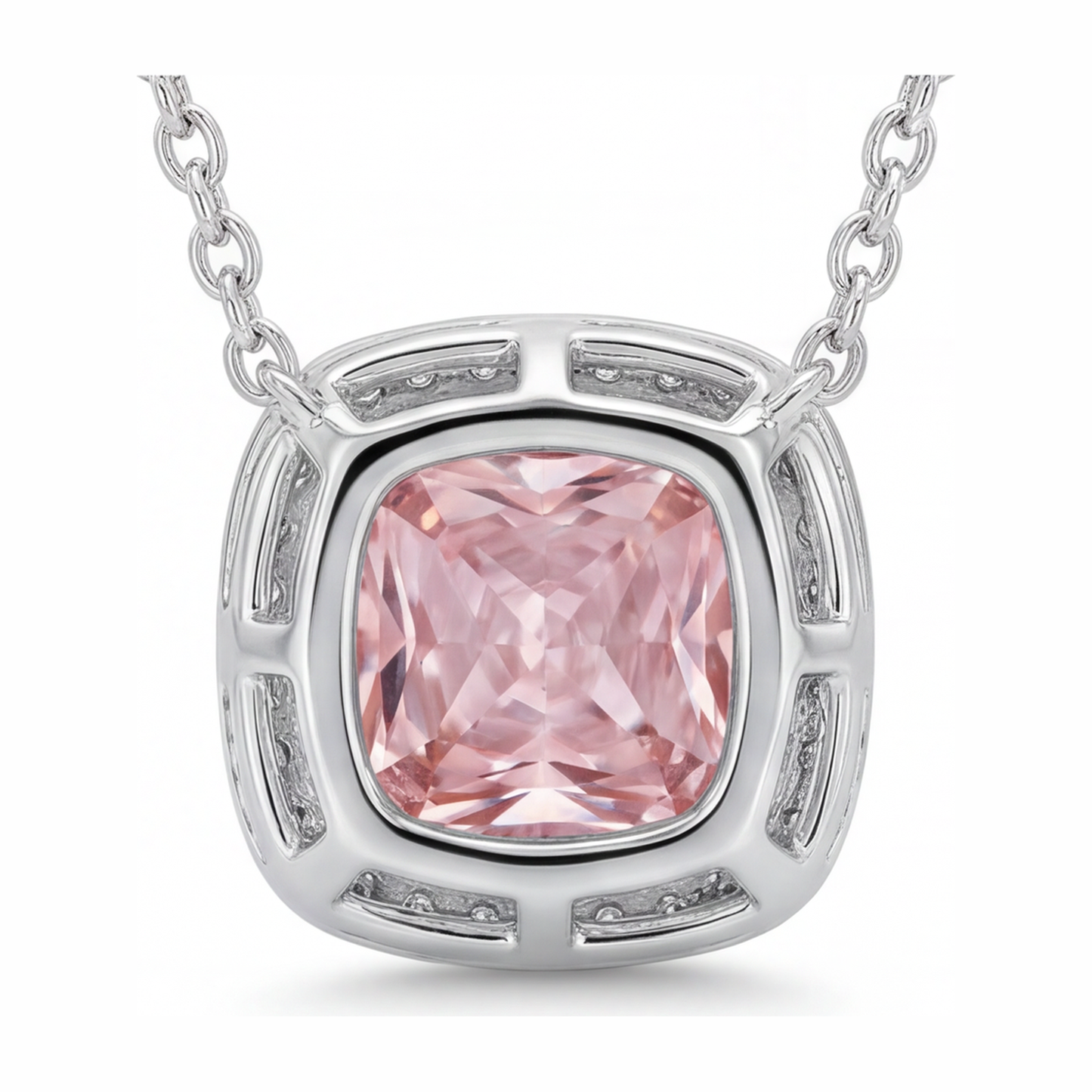 Rosa Diamant Halskette, 4,5 Karat, im Labor gezüchtet, Radiantschliff, Halo, Pavé, Kathedralen-Anhänger, 14 Karat Weißgold