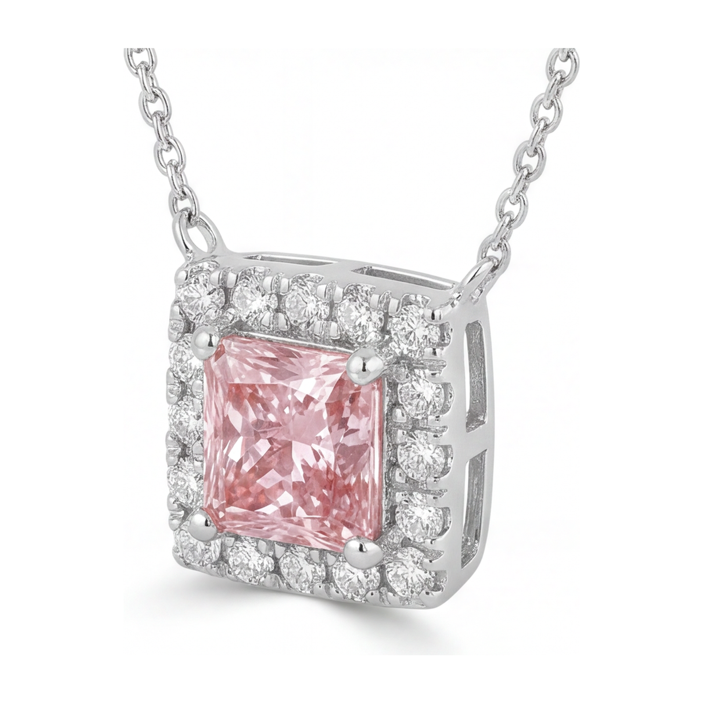 Halskette mit rosa Diamant, 4,5 Karat, im Labor gezüchtet, Radiant Halo Pavé Anhänger, 14 Karat Weißgold