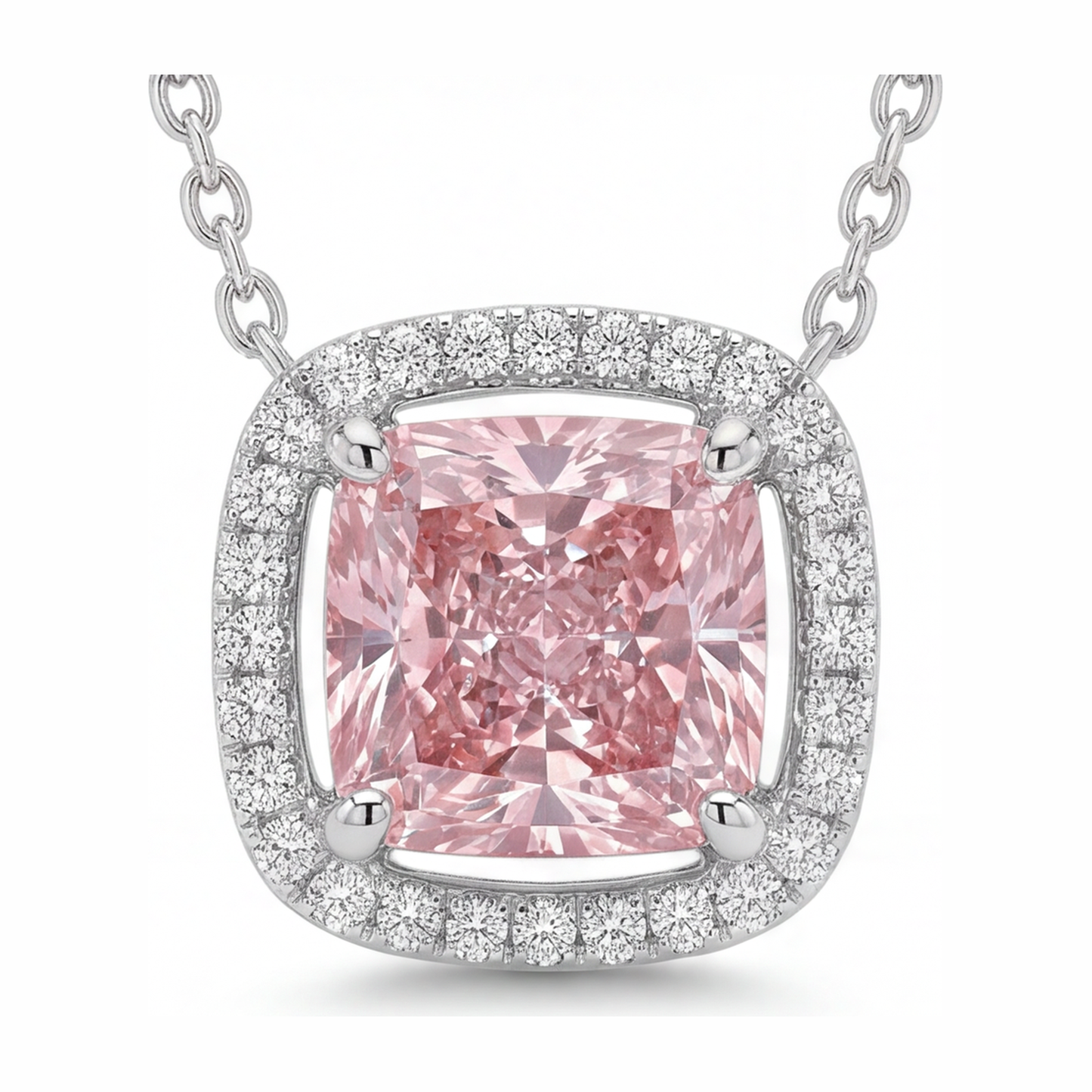 Rosa Diamant Halskette, 4,5 Karat, im Labor gezüchtet, Radiantschliff, Halo, Pavé, Kathedralen-Anhänger, 14 Karat Weißgold