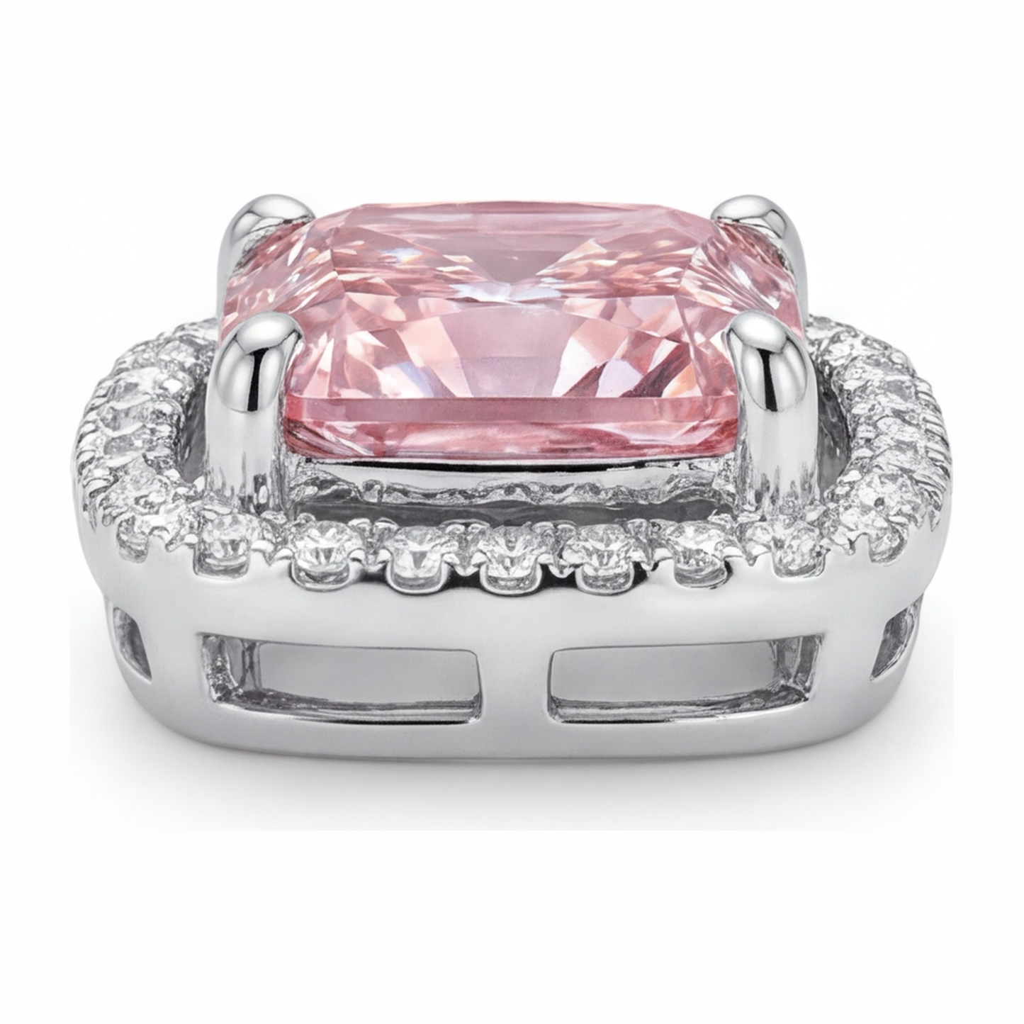 Rosa Diamant Halskette, 4,5 Karat, im Labor gezüchtet, Radiantschliff, Halo, Pavé, Kathedralen-Anhänger, 14 Karat Weißgold