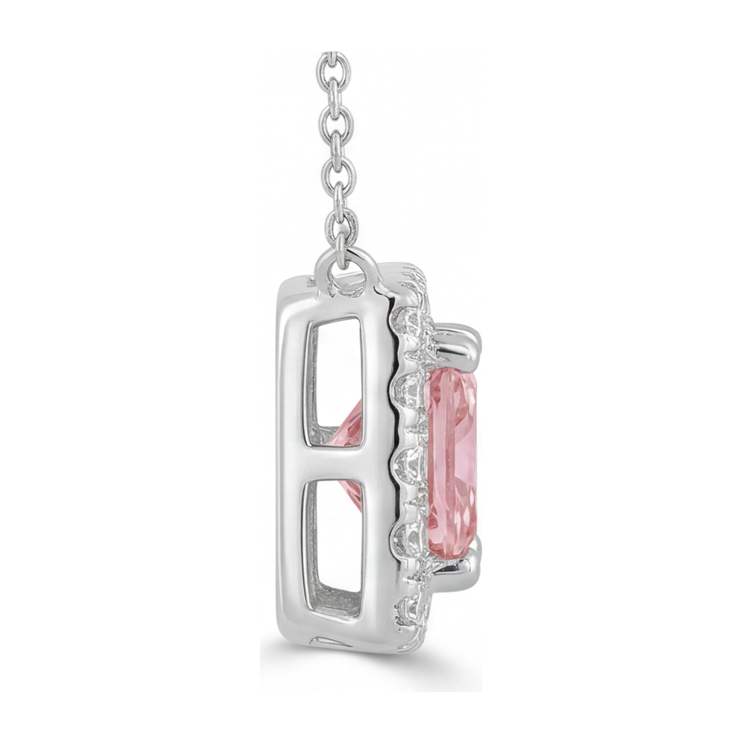 Halskette mit rosa Diamant, 4,5 Karat, im Labor gezüchtet, Radiant Halo Pavé Anhänger, 14 Karat Weißgold