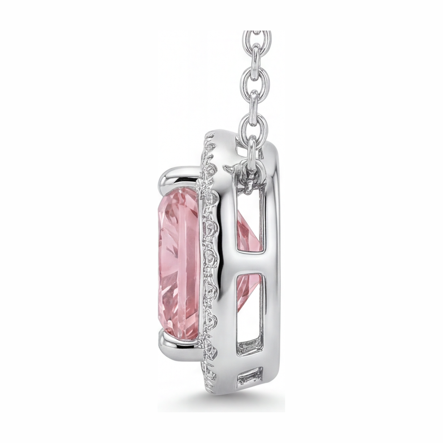 Rosa Diamant Halskette, 4,5 Karat, im Labor gezüchtet, Radiantschliff, Halo, Pavé, Kathedralen-Anhänger, 14 Karat Weißgold