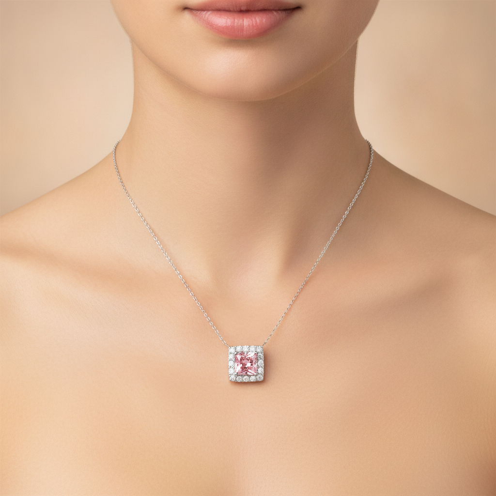 Halskette mit rosa Diamant, 4,5 Karat, im Labor gezüchtet, Radiant Halo Pavé Anhänger, 14 Karat Weißgold