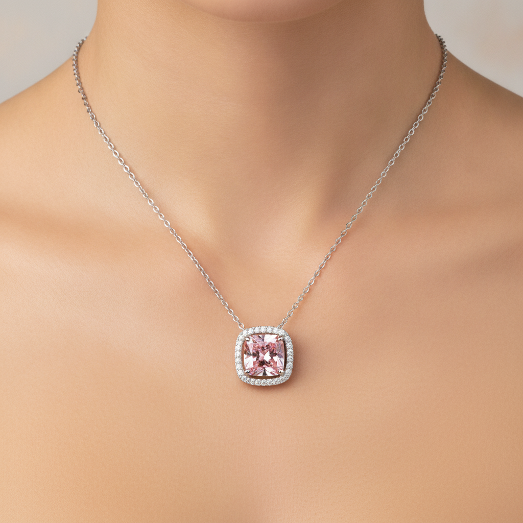 Rosa Diamant Halskette, 4,5 Karat, im Labor gezüchtet, Radiantschliff, Halo, Pavé, Kathedralen-Anhänger, 14 Karat Weißgold
