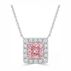 Halskette mit rosa Diamant, 4,5 Karat, im Labor gezüchtet, Radiant Halo Pavé Anhänger, 14 Karat Weißgold
