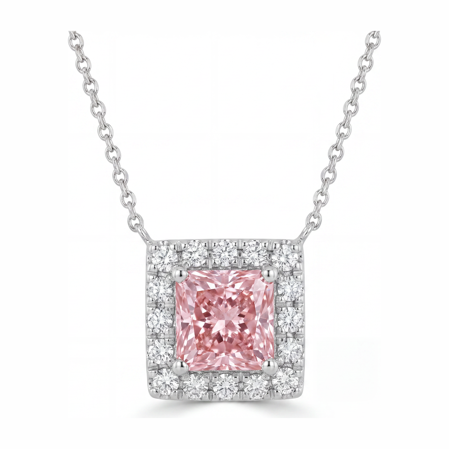 Halskette mit rosa Diamant, 4,5 Karat, im Labor gezüchtet, Radiant Halo Pavé Anhänger, 14 Karat Weißgold